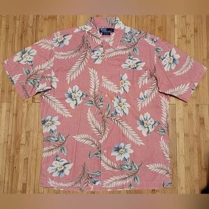 Vintage Polo Ralph Lauren Shirt Men Medium Pink Floral Hawaiian Linen Blend Loop